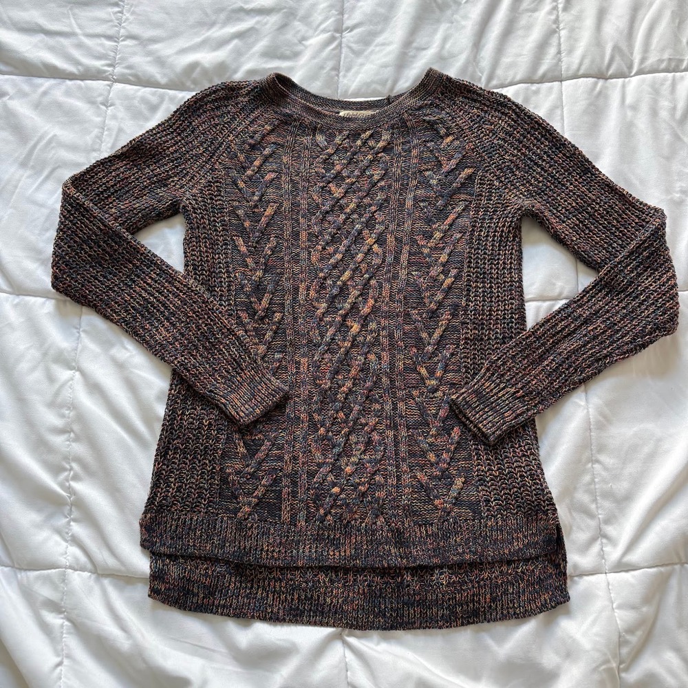 Faded Glory Space Dye Cable Knit Sweater Navy Orange Small Pullover Hippie Boho